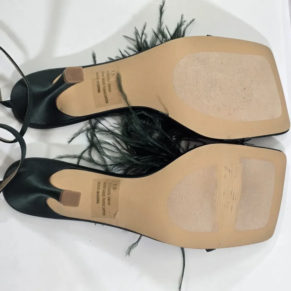 Lemonade Feather Heels Womens 7.5 Green Satin Ankle Strap Stiletto Party Glam...